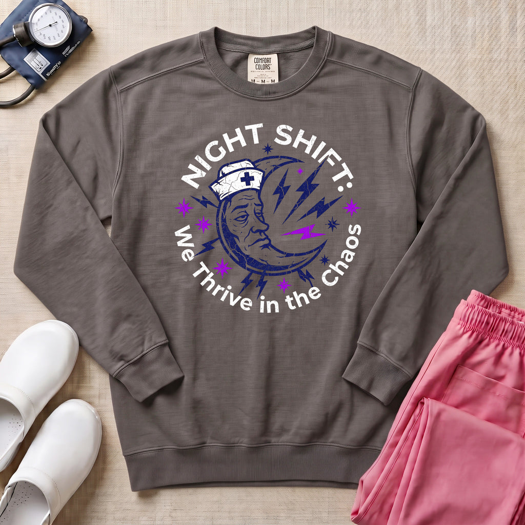 Retro Night Shift Thrive in Chaos Nurse Sweatshirt - Pepper Lifestyle Hero Mockup | HugTee