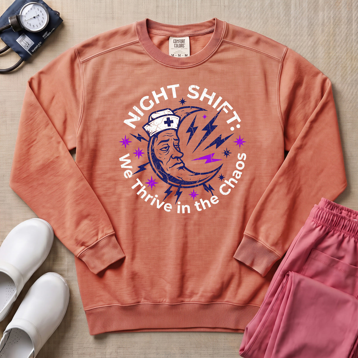Retro Night Shift Thrive in Chaos Nurse Sweatshirt - Terracotta Comfort Colors Sweatshirt | HugTee