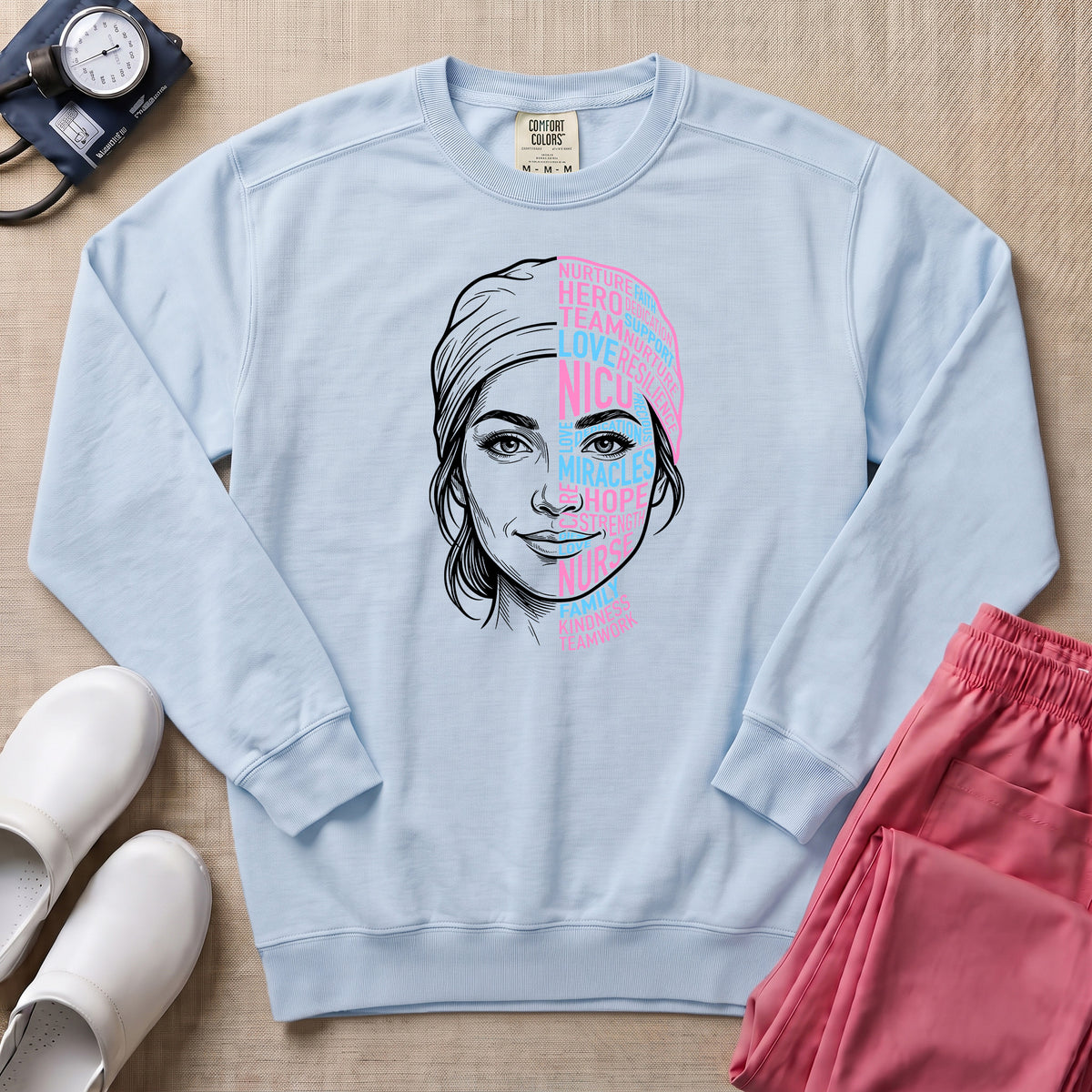Nurse Hero Word Art Face Sweatshirt - Chambray Comfort Colors Sweatshirt | HugTee