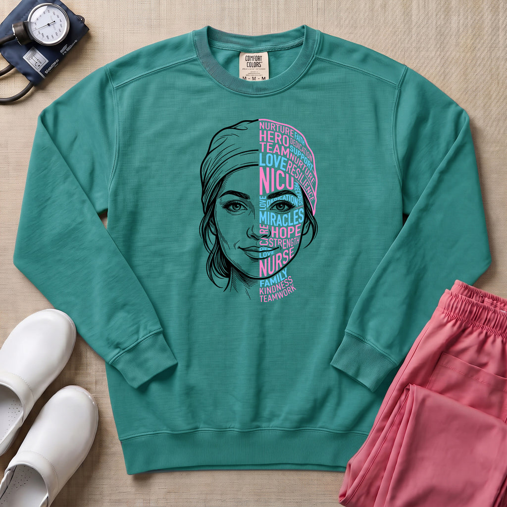Nurse Hero Word Art Face Sweatshirt - Seafoam Comfort Colors Sweatshirt | HugTee
