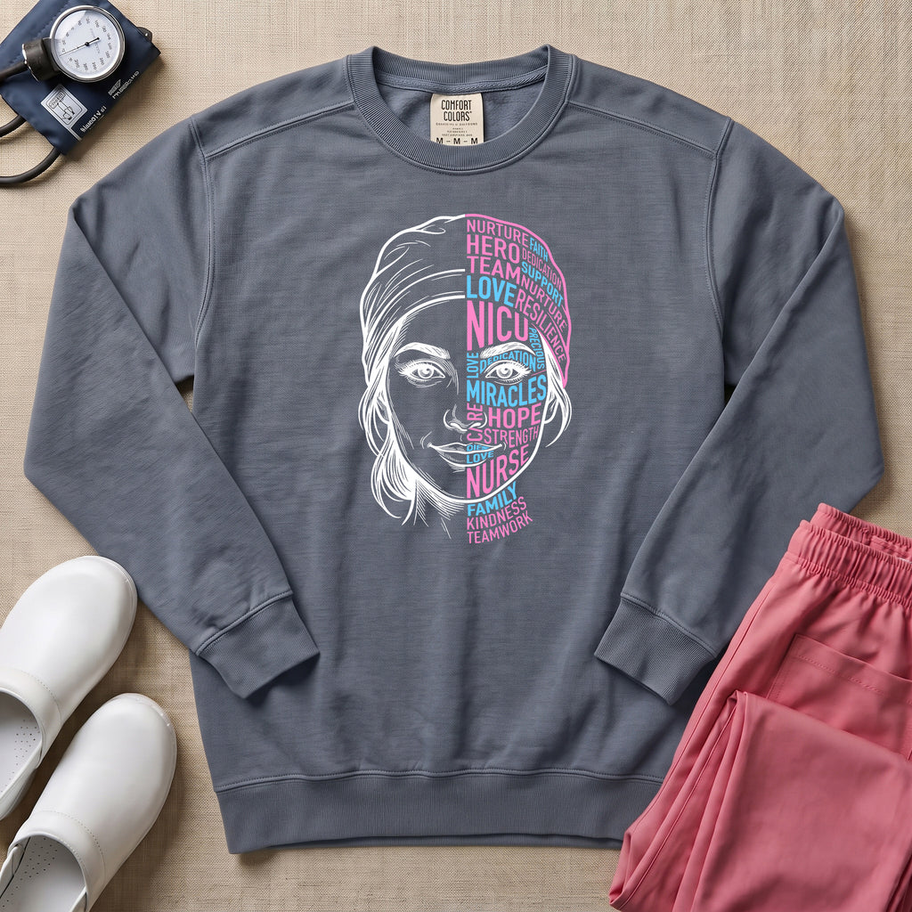 Nurse Hero Word Art Face Sweatshirt - Blue Jean Comfort Colors Sweatshirt | HugTee