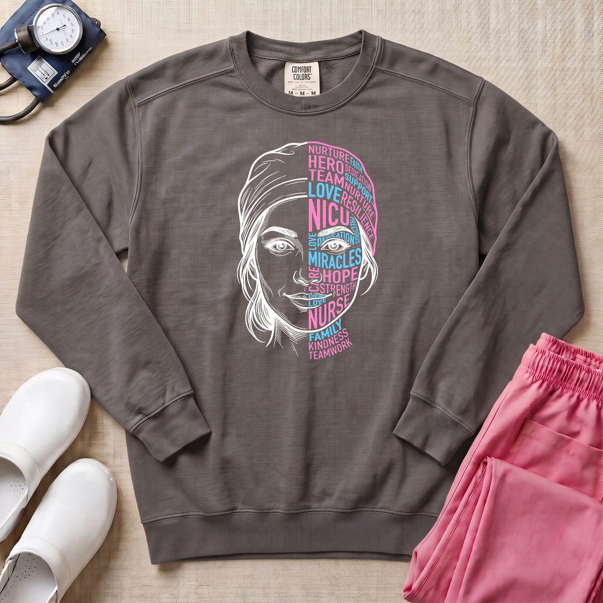 Nurse Hero Word Art Face Sweatshirt - Pepper Lifestyle Hero Mockup | HugTee