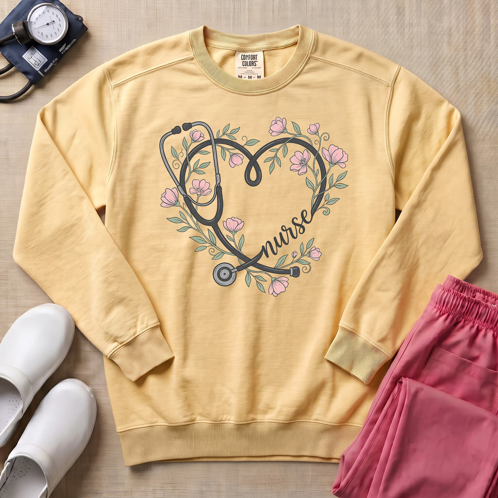 Boho Floral Stethoscope Heart Nurse Gift Sweatshirt - Butter Comfort Colors Sweatshirt | HugTee