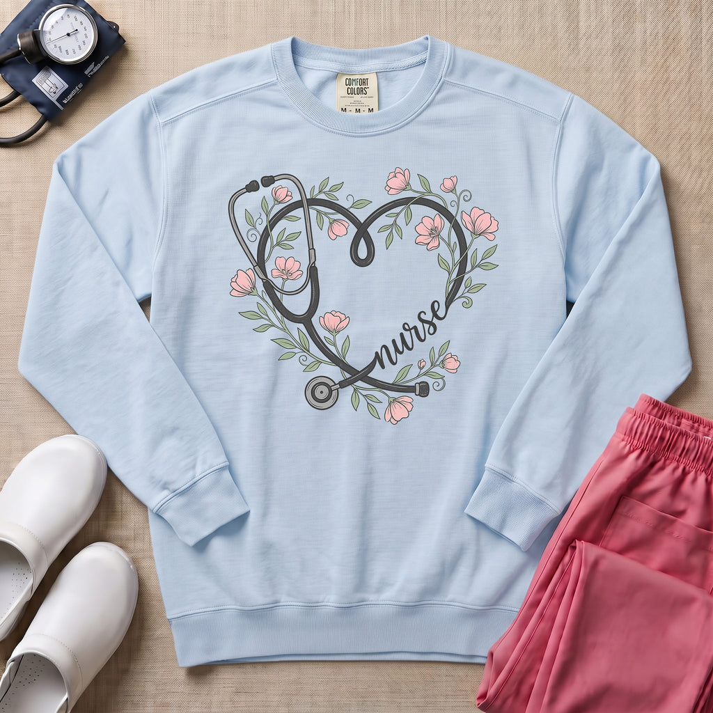 Boho Floral Stethoscope Heart Nurse Gift Sweatshirt - Chambray Comfort Colors Sweatshirt | HugTee
