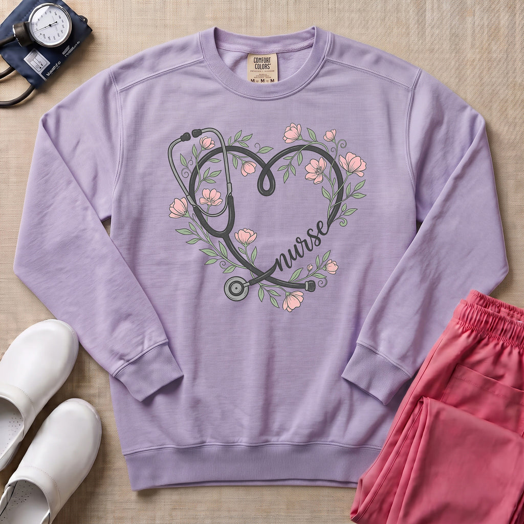 Boho Floral Stethoscope Heart Nurse Gift Sweatshirt - Orchid Comfort Colors Sweatshirt | HugTee
