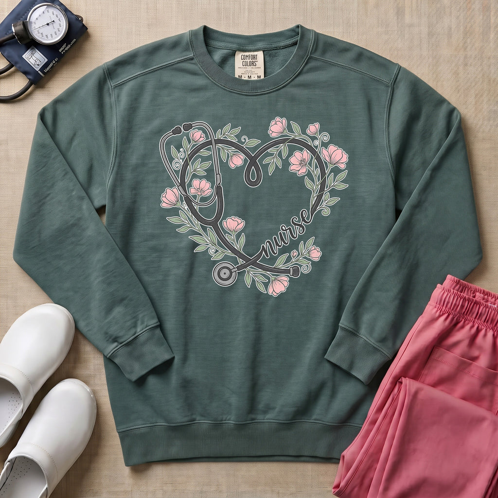 Boho Floral Stethoscope Heart Nurse Gift Sweatshirt - Blue Spruce Comfort Colors Sweatshirt | HugTee