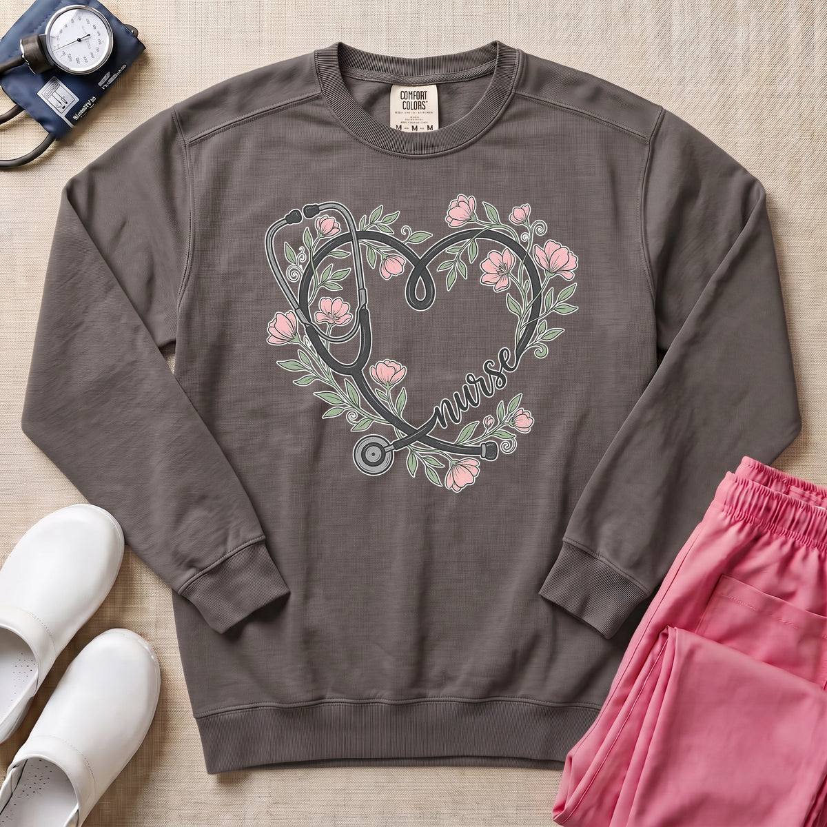 Boho Floral Stethoscope Heart Nurse Gift Sweatshirt - Pepper Lifestyle Hero Mockup | HugTee