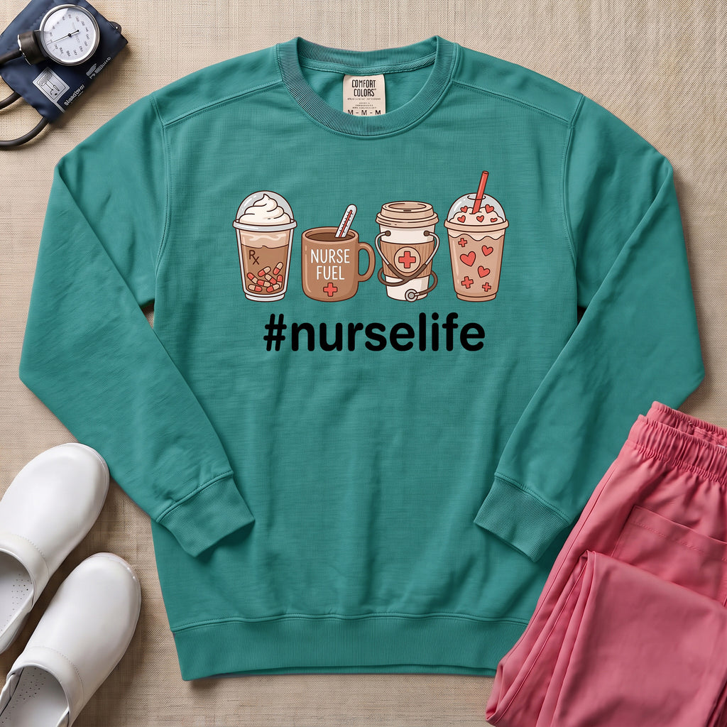 Cute Coffee Lover Nurse Fuel Hashtag Nurse Life Sweatshirt - Seafoam Comfort Colors Sweatshirt | HugTee