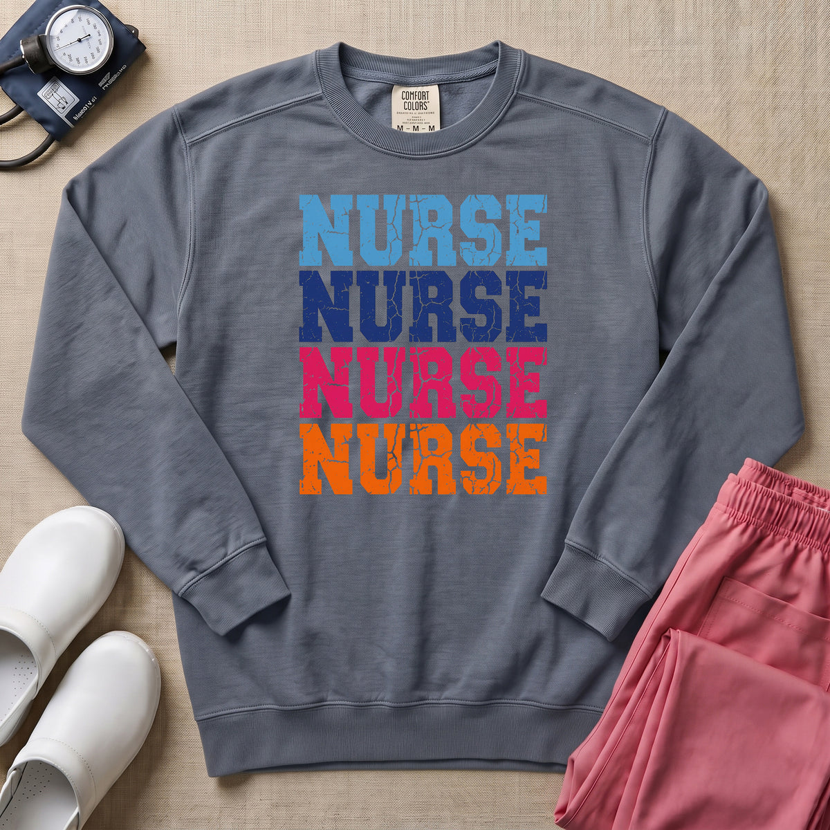 Retro Stacked Colorful Nurse Sweatshirt - Blue Jean Comfort Colors Sweatshirt | HugTee