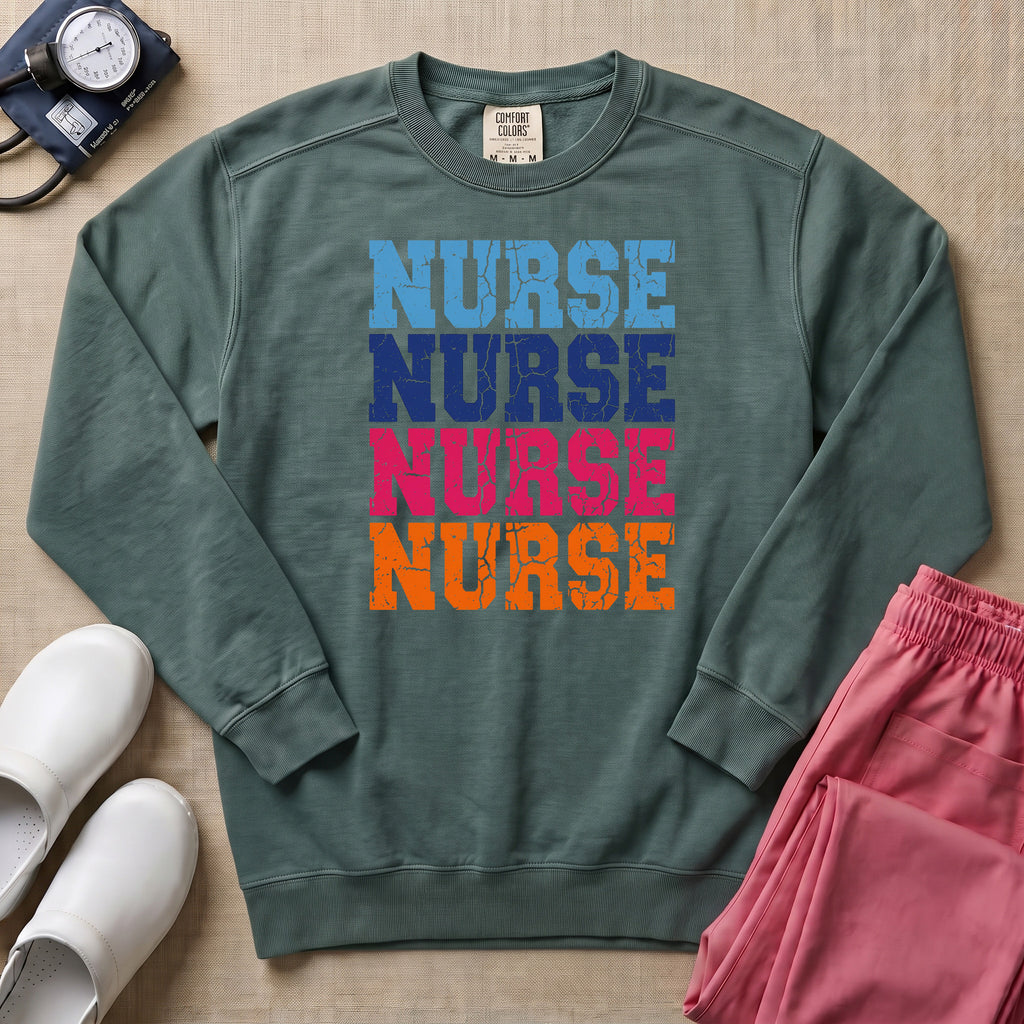 Retro Stacked Colorful Nurse Sweatshirt - Blue Spruce Comfort Colors Sweatshirt | HugTee