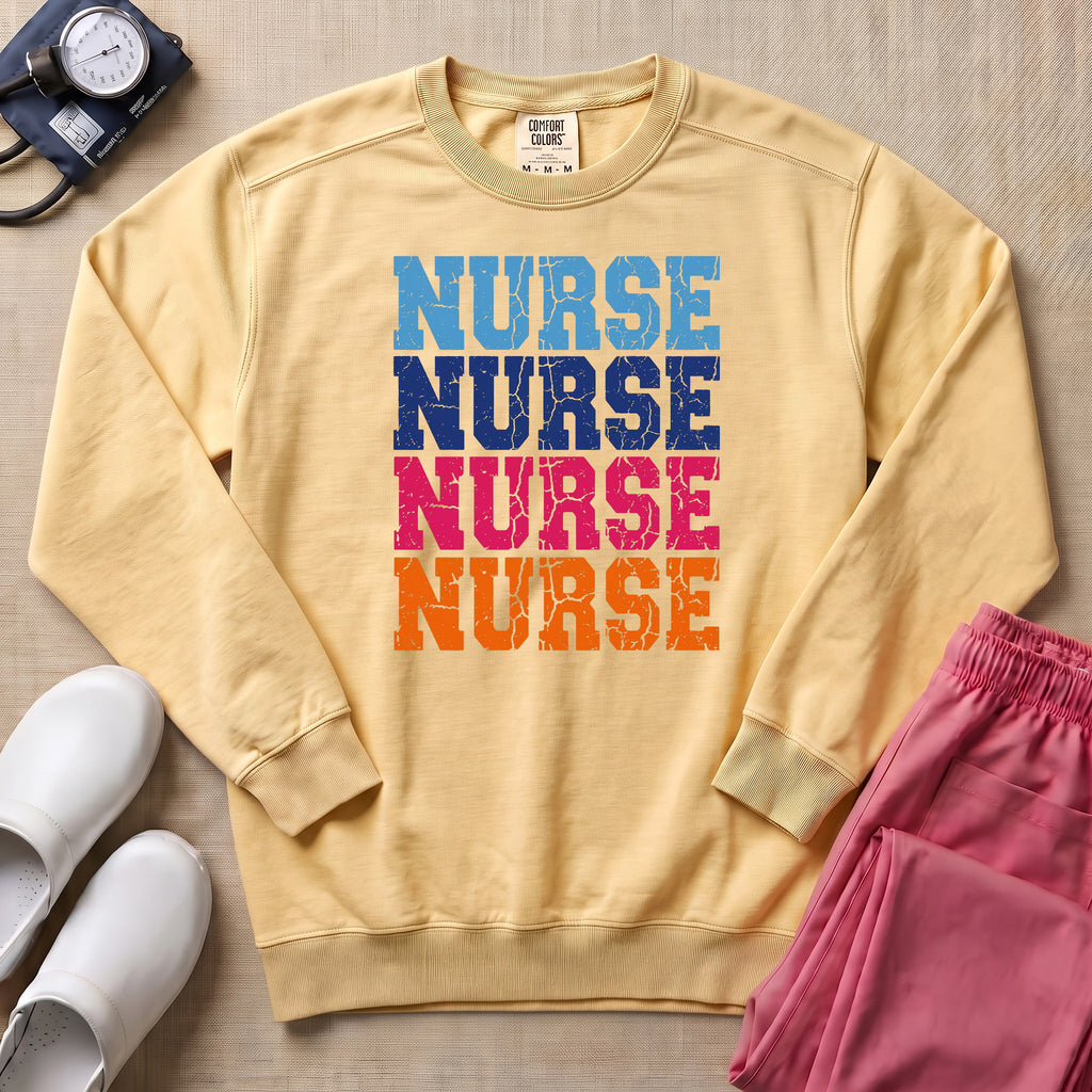 Retro Stacked Colorful Nurse Sweatshirt - Butter Comfort Colors Sweatshirt | HugTee