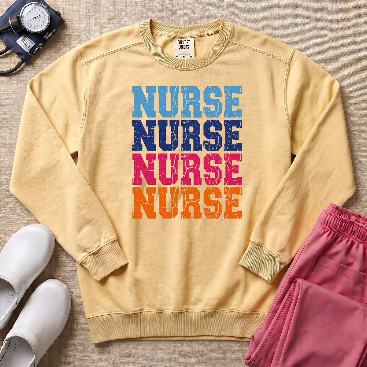 Retro Stacked Colorful Nurse Sweatshirt - Butter Comfort Colors Sweatshirt | HugTee