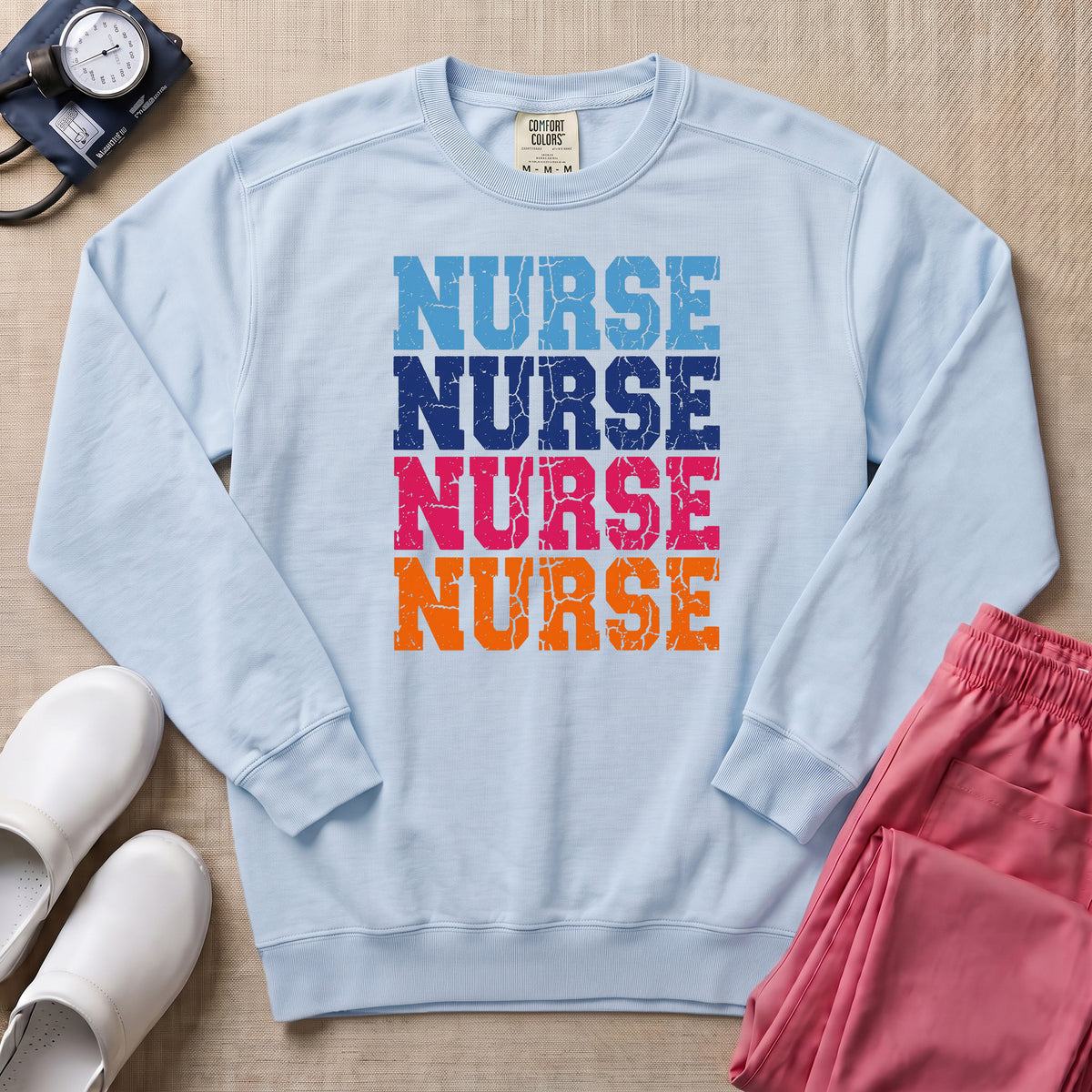 Retro Stacked Colorful Nurse Sweatshirt - Chambray Comfort Colors Sweatshirt | HugTee