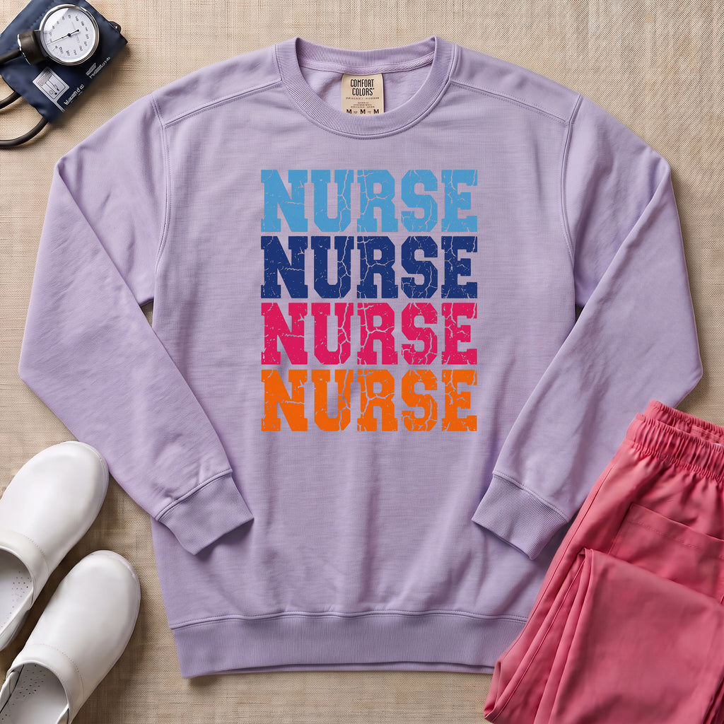 Retro Stacked Colorful Nurse Sweatshirt - Orchid Comfort Colors Sweatshirt | HugTee