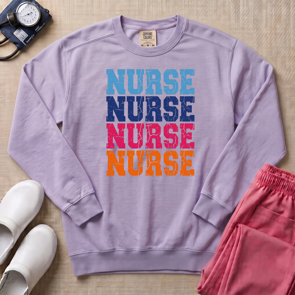 Retro Stacked Colorful Nurse Sweatshirt - Orchid Comfort Colors Sweatshirt | HugTee