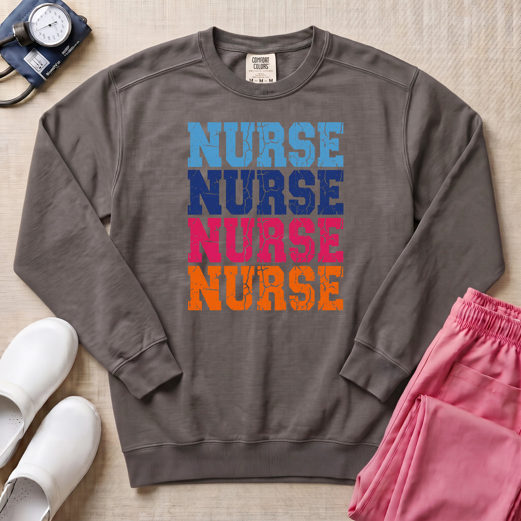 Retro Stacked Colorful Nurse Sweatshirt - Pepper Lifestyle Hero Mockup | HugTee