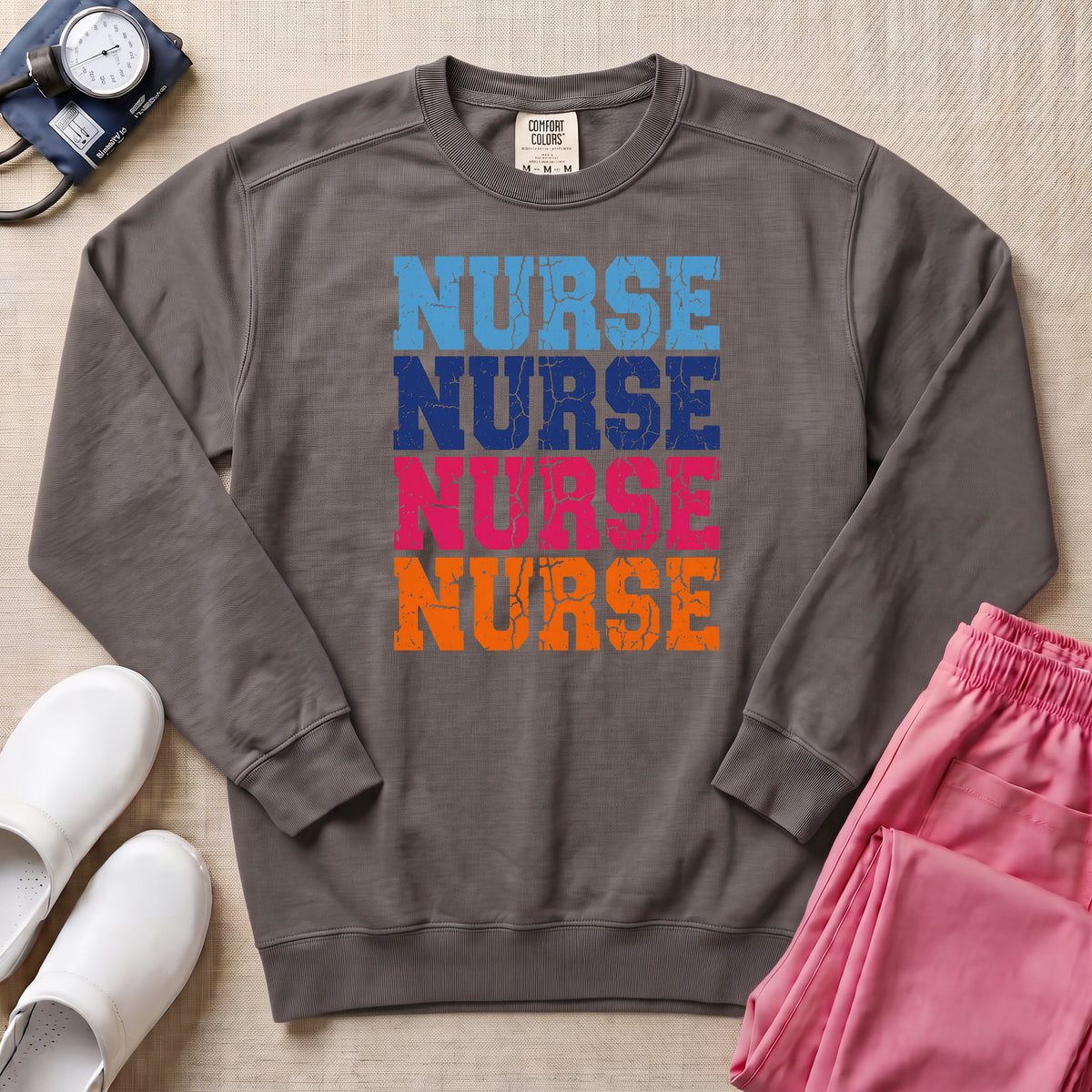 Retro Stacked Colorful Nurse Sweatshirt - Pepper Lifestyle Hero Mockup | HugTee