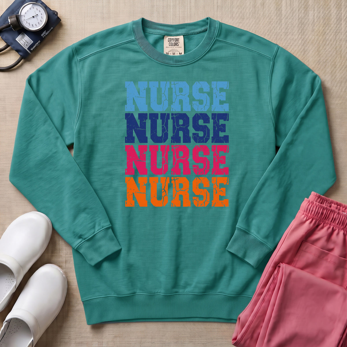 Retro Stacked Colorful Nurse Sweatshirt - Seafoam Comfort Colors Sweatshirt | HugTee