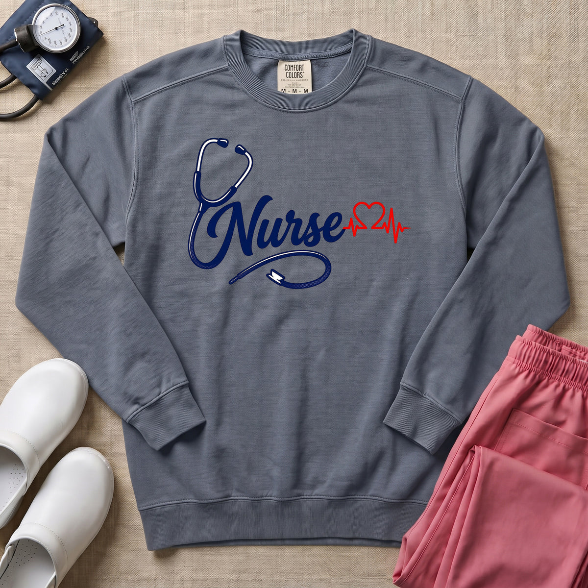 Minimalist Stethoscope Heartbeat Nurse Gift Sweatshirt - Blue Jean Comfort Colors Sweatshirt | HugTee
