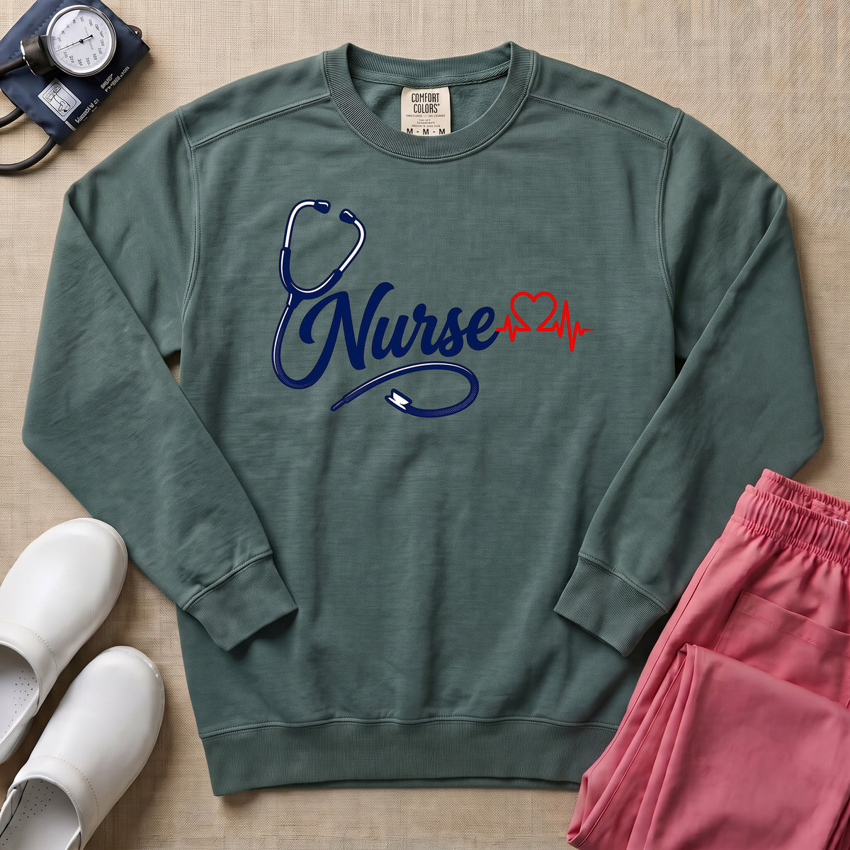 Minimalist Stethoscope Heartbeat Nurse Gift Sweatshirt - Blue Spruce Comfort Colors Sweatshirt | HugTee
