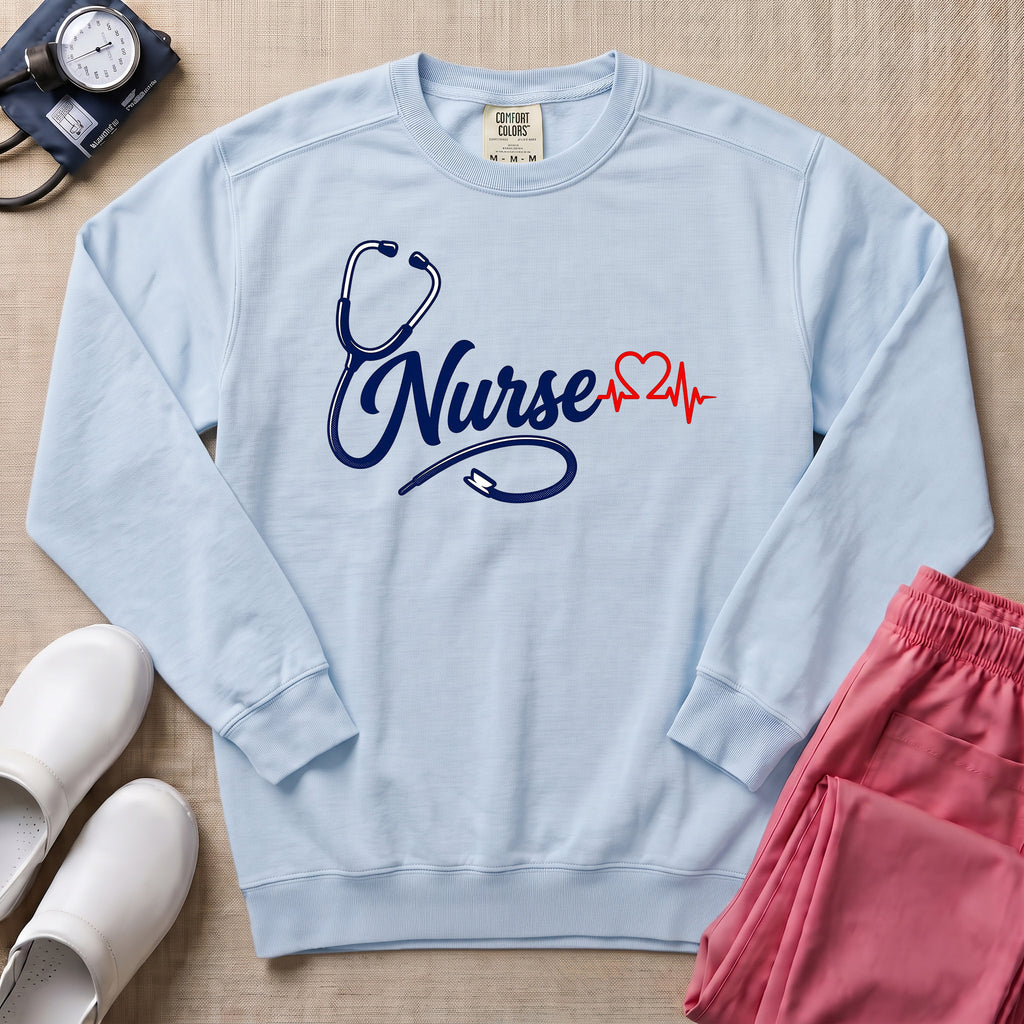Minimalist Stethoscope Heartbeat Nurse Gift Sweatshirt - Chambray Comfort Colors Sweatshirt | HugTee