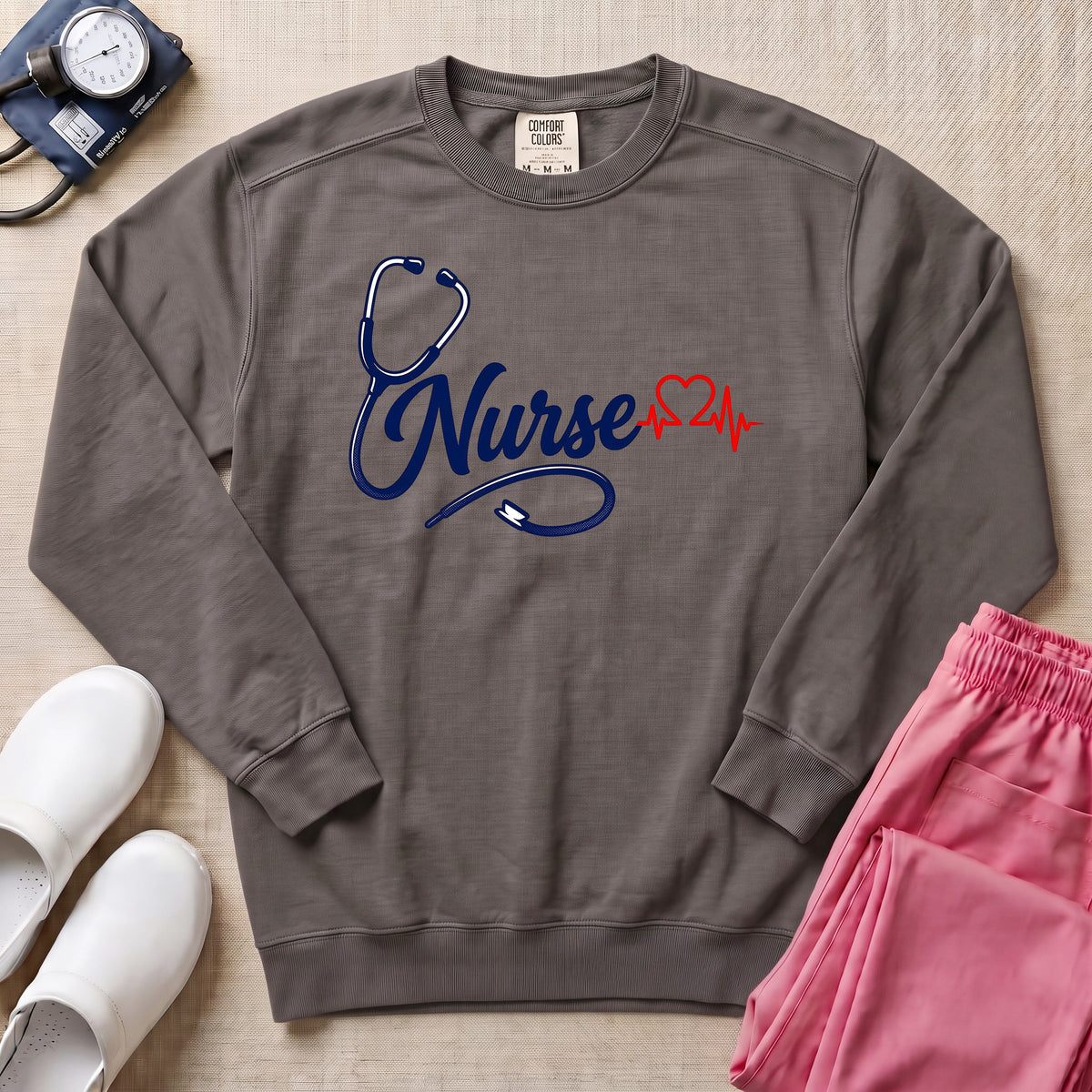Minimalist Stethoscope Heartbeat Nurse Gift Sweatshirt - Pepper Lifestyle Hero Mockup | HugTee
