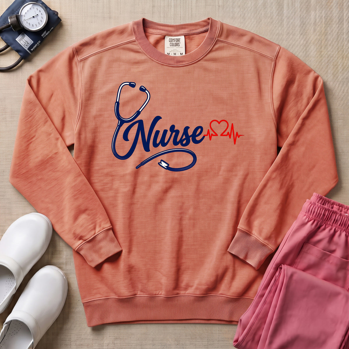 Minimalist Stethoscope Heartbeat Nurse Gift Sweatshirt - Terracotta Comfort Colors Sweatshirt | HugTee
