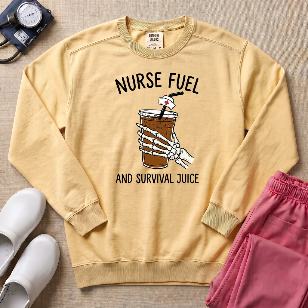 Nurse Fuel And Survival Juice Skeleton Coffee Night Shift Sweatshirt - Butter Comfort Colors Sweatshirt | HugTee