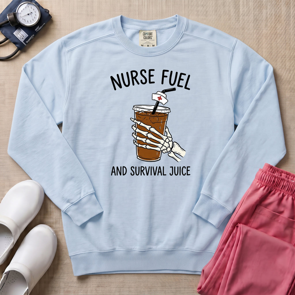 Nurse Fuel And Survival Juice Skeleton Coffee Night Shift Sweatshirt - Chambray Comfort Colors Sweatshirt | HugTee