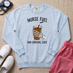 Nurse Fuel And Survival Juice Skeleton Coffee Night Shift Sweatshirt - Chambray Comfort Colors Sweatshirt | HugTee