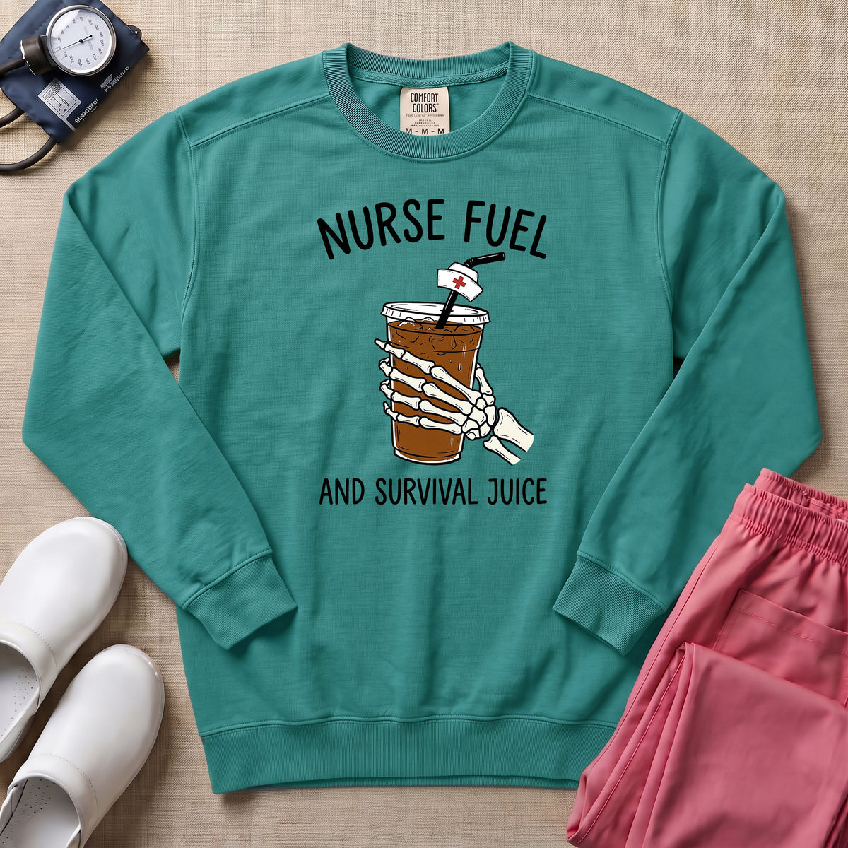Nurse Fuel And Survival Juice Skeleton Coffee Night Shift Sweatshirt - Seafoam Comfort Colors Sweatshirt | HugTee