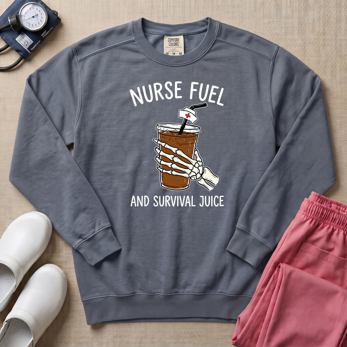 Nurse Fuel And Survival Juice Skeleton Coffee Night Shift Sweatshirt - Blue Jean Comfort Colors Sweatshirt | HugTee