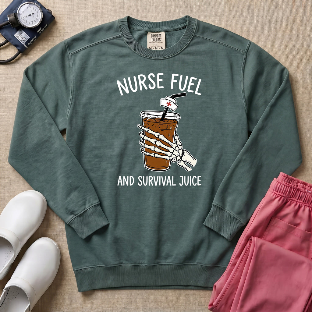 Nurse Fuel And Survival Juice Skeleton Coffee Night Shift Sweatshirt - Blue Spruce Comfort Colors Sweatshirt | HugTee