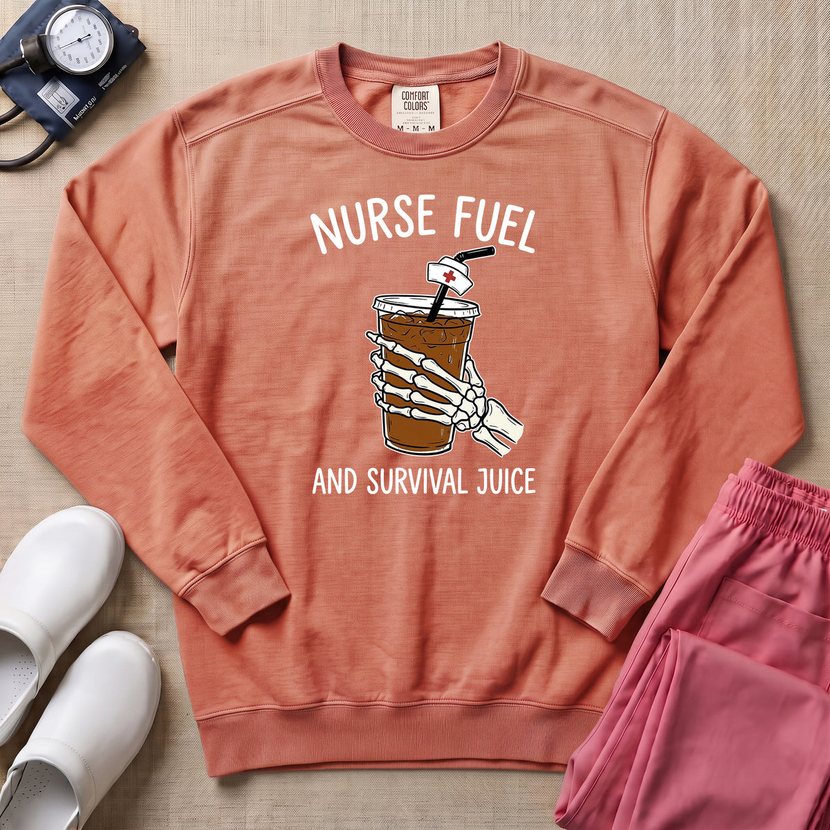 Nurse Fuel And Survival Juice Skeleton Coffee Night Shift Sweatshirt - Terracotta Comfort Colors Sweatshirt | HugTee
