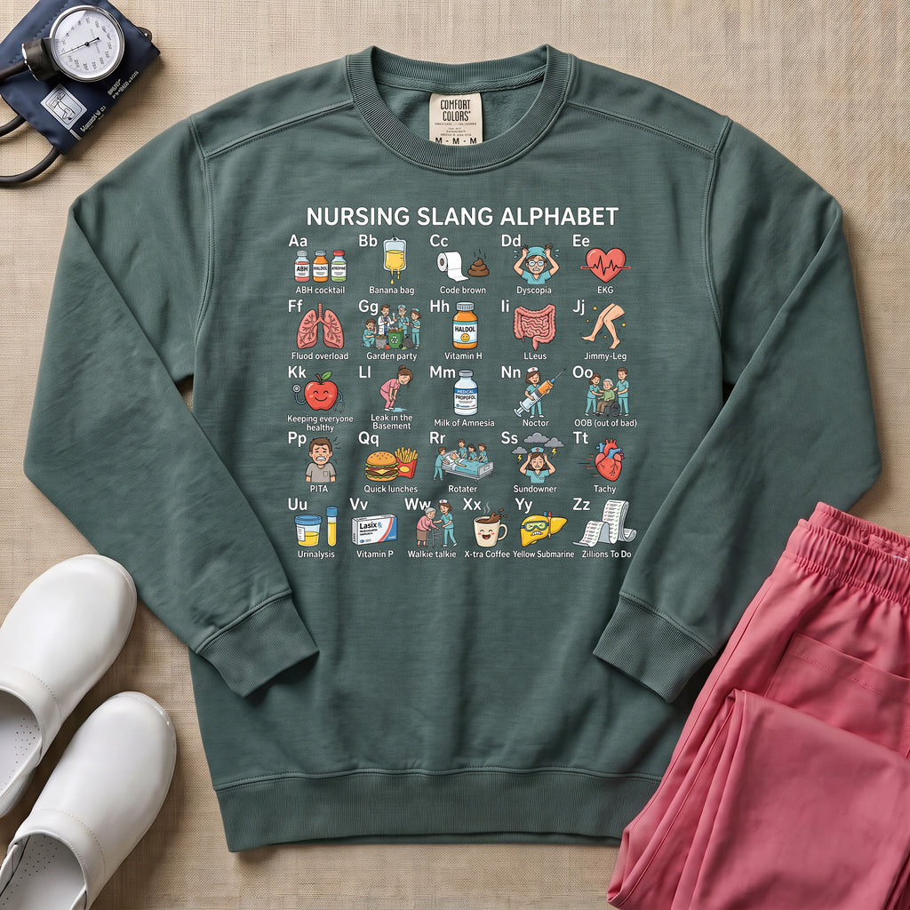 Funny Nursing Slang Alphabet Sweatshirt - Blue Spruce Comfort Colors Sweatshirt | HugTee