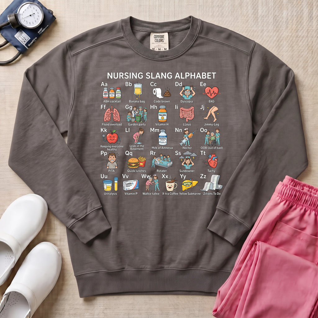 Funny Nursing Slang Alphabet Sweatshirt - Pepper Lifestyle Hero Mockup | HugTee