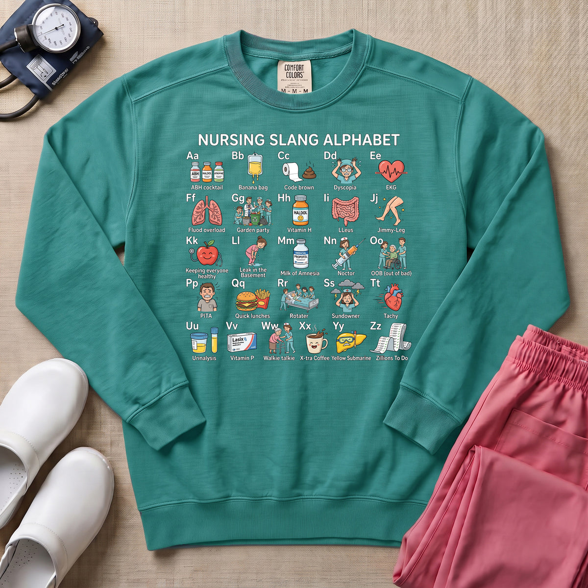 Funny Nursing Slang Alphabet Sweatshirt - Seafoam Comfort Colors Sweatshirt | HugTee