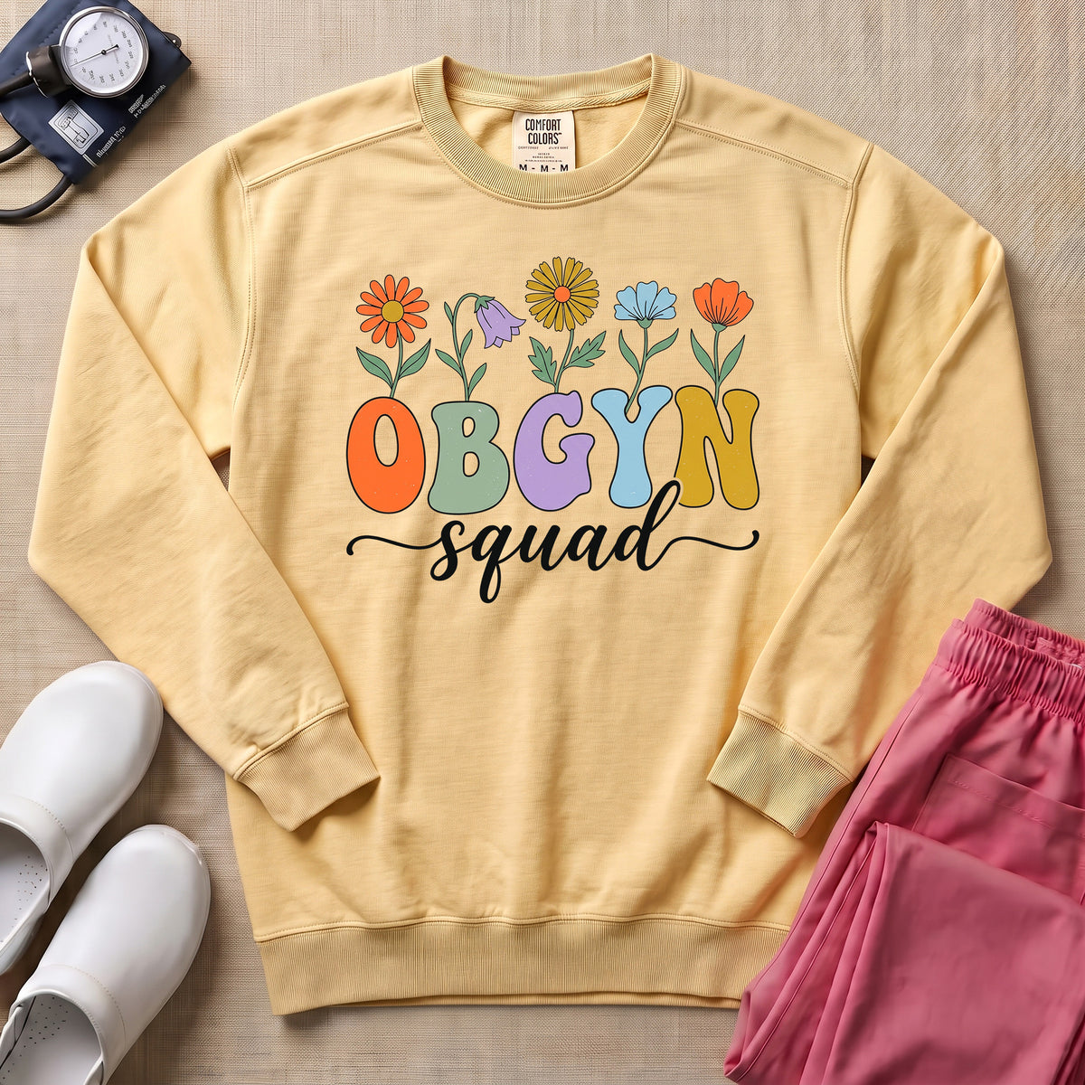 OBGYN Squad Retro Floral Sweatshirt - Butter Comfort Colors Sweatshirt | HugTee