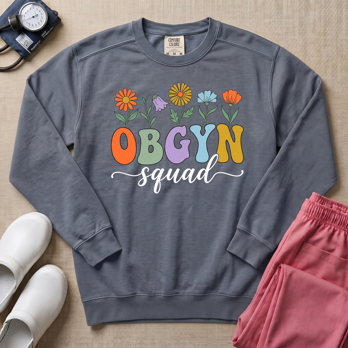 OBGYN Squad Retro Floral Sweatshirt - Blue Jean Comfort Colors Sweatshirt | HugTee