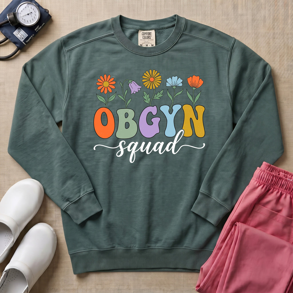 OBGYN Squad Retro Floral Sweatshirt - Blue Spruce Comfort Colors Sweatshirt | HugTee