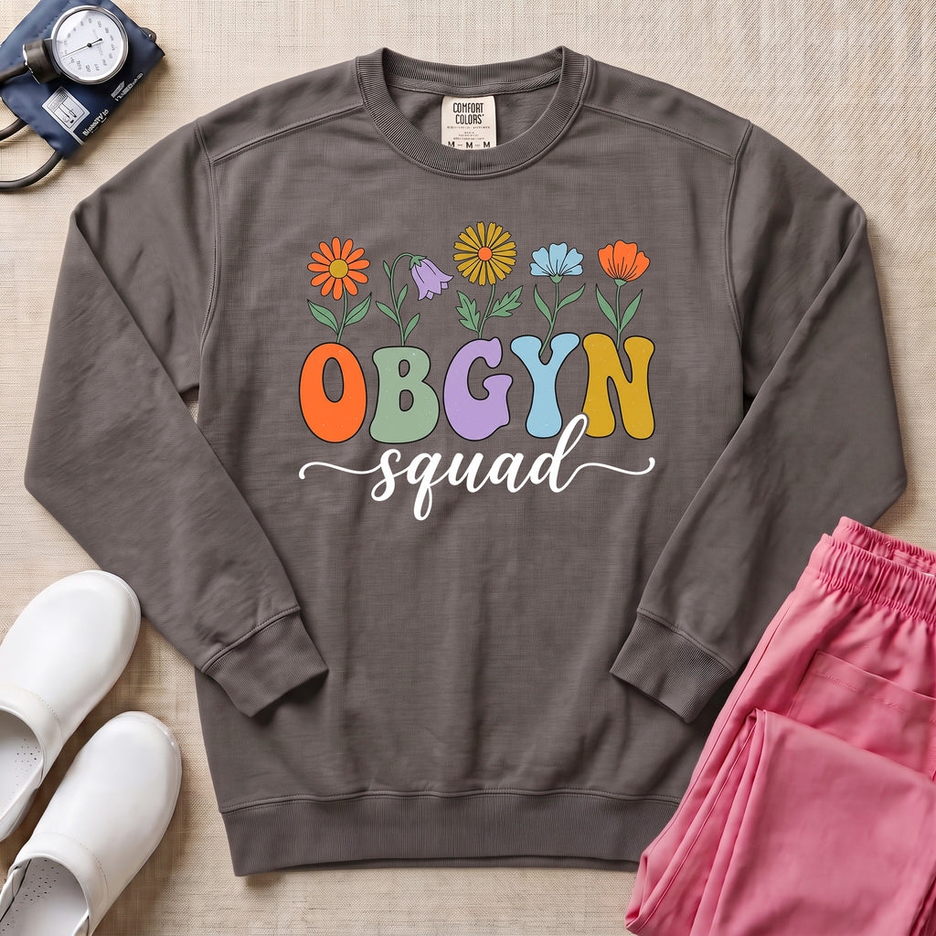 OBGYN Squad Retro Floral Sweatshirt - Pepper Lifestyle Hero Mockup | HugTee