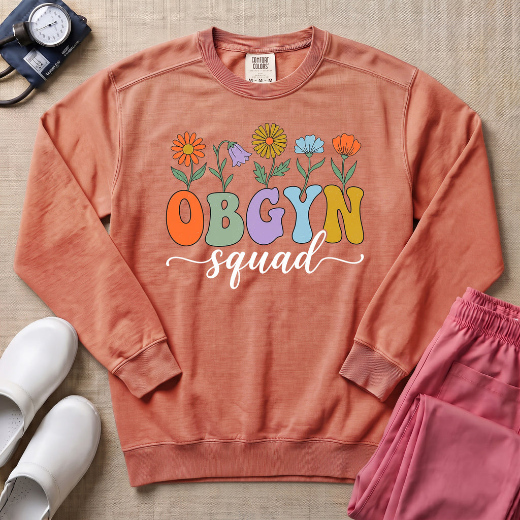 OBGYN Squad Retro Floral Sweatshirt - Terracotta Comfort Colors Sweatshirt | HugTee