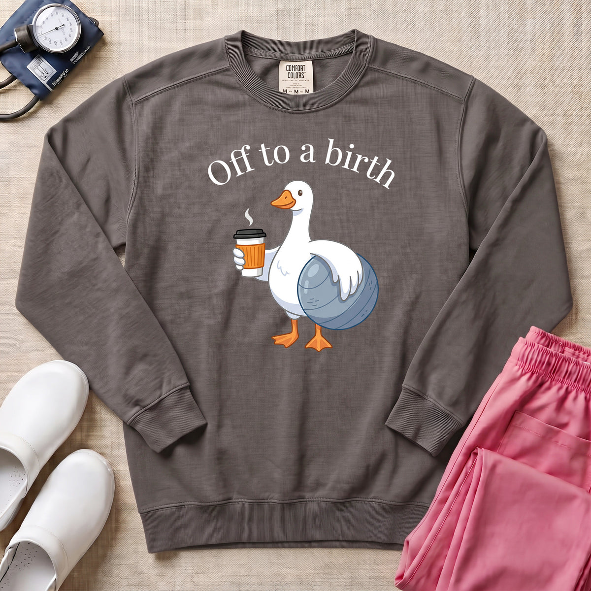 Funny Off To A Birth Duck Coffee L&D Doula Sweatshirt - Pepper Lifestyle Hero Mockup | HugTee