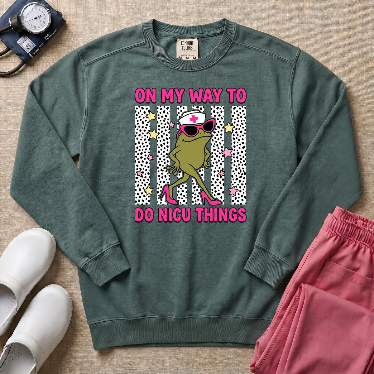Funny Sassy Frog On My Way To Do NICU Things Nurse Sweatshirt - Blue Spruce Comfort Colors Sweatshirt | HugTee