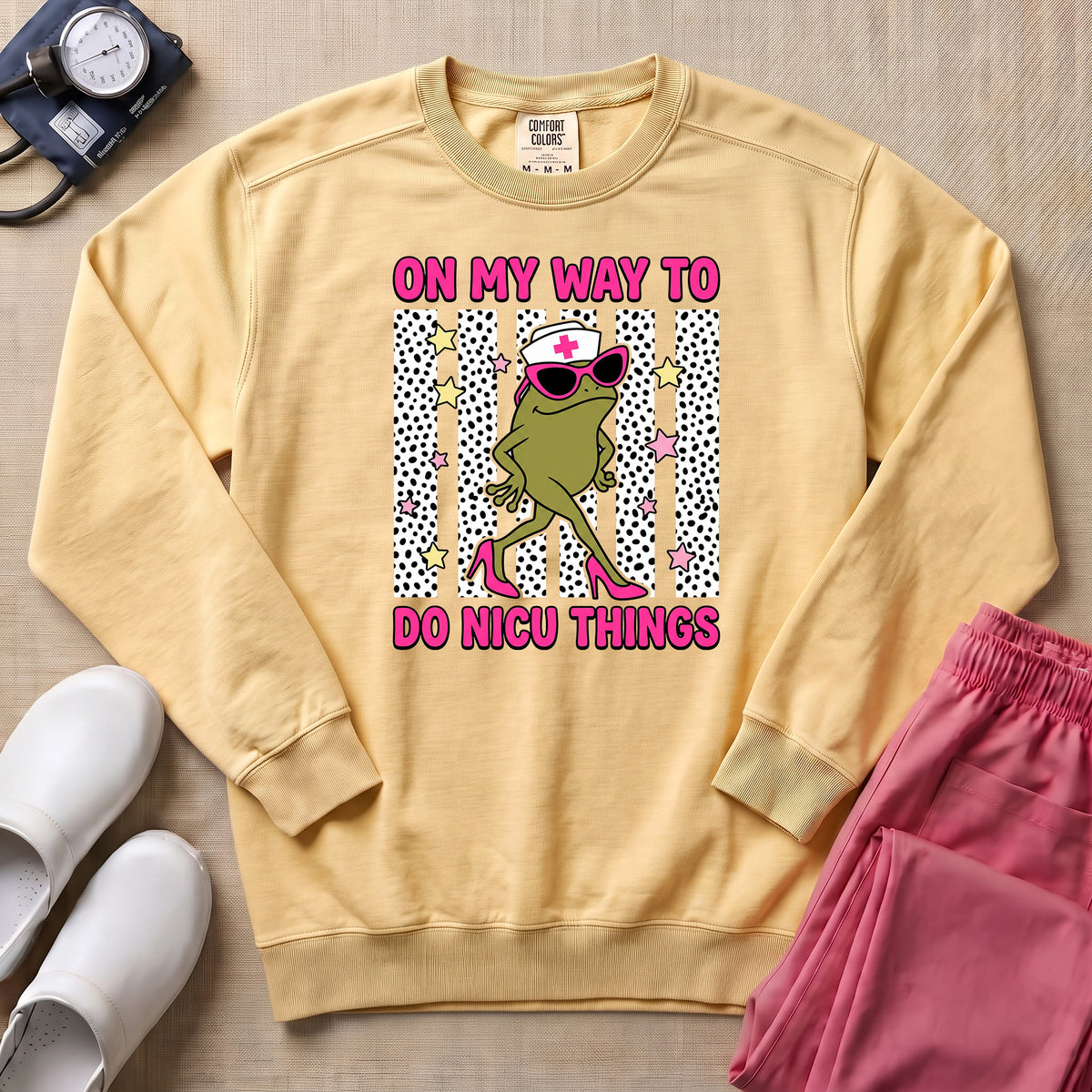 Funny Sassy Frog On My Way To Do NICU Things Nurse Sweatshirt - Butter Comfort Colors Sweatshirt | HugTee