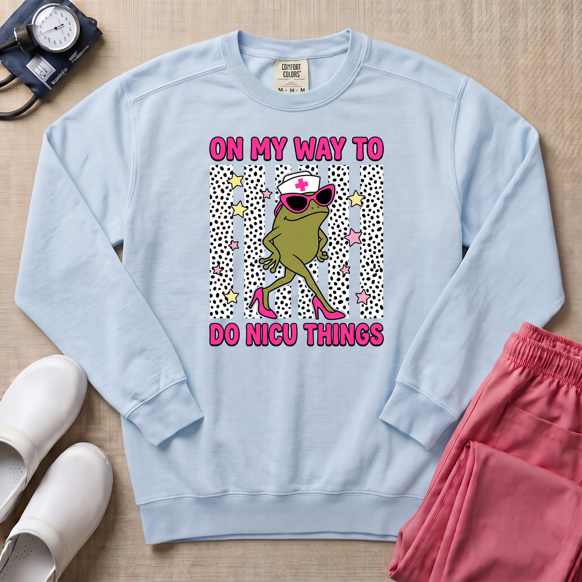 Funny Sassy Frog On My Way To Do NICU Things Nurse Sweatshirt - Chambray Comfort Colors Sweatshirt | HugTee