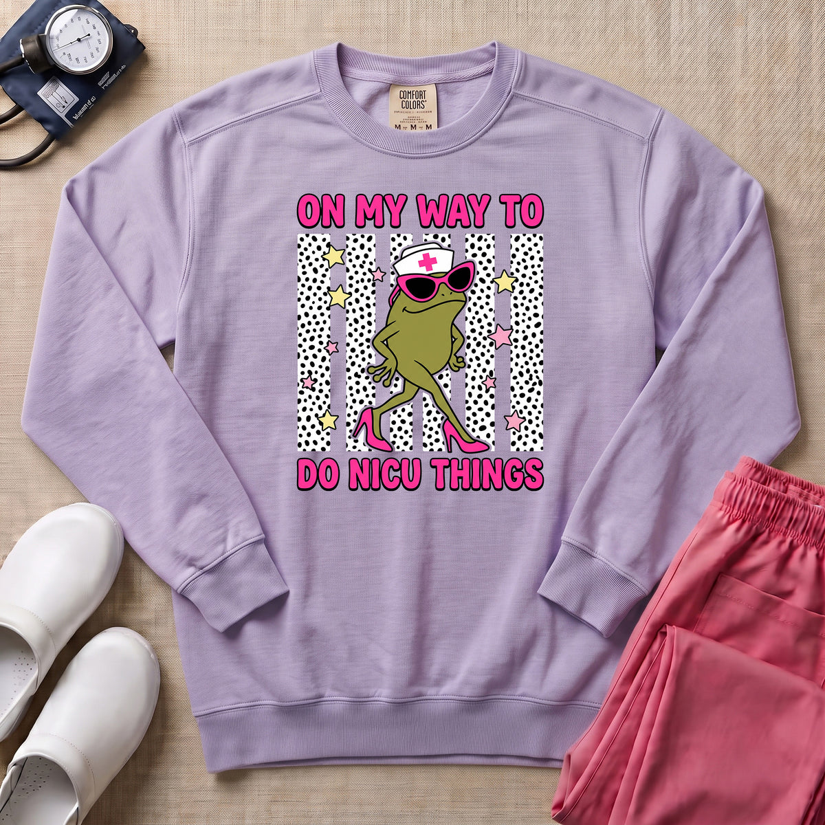 Funny Sassy Frog On My Way To Do NICU Things Nurse Sweatshirt - Orchid Comfort Colors Sweatshirt | HugTee