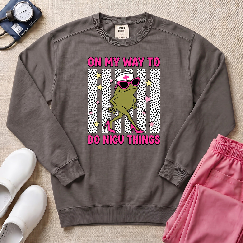 Funny Sassy Frog On My Way To Do NICU Things Nurse Sweatshirt - Pepper Lifestyle Hero Mockup | HugTee