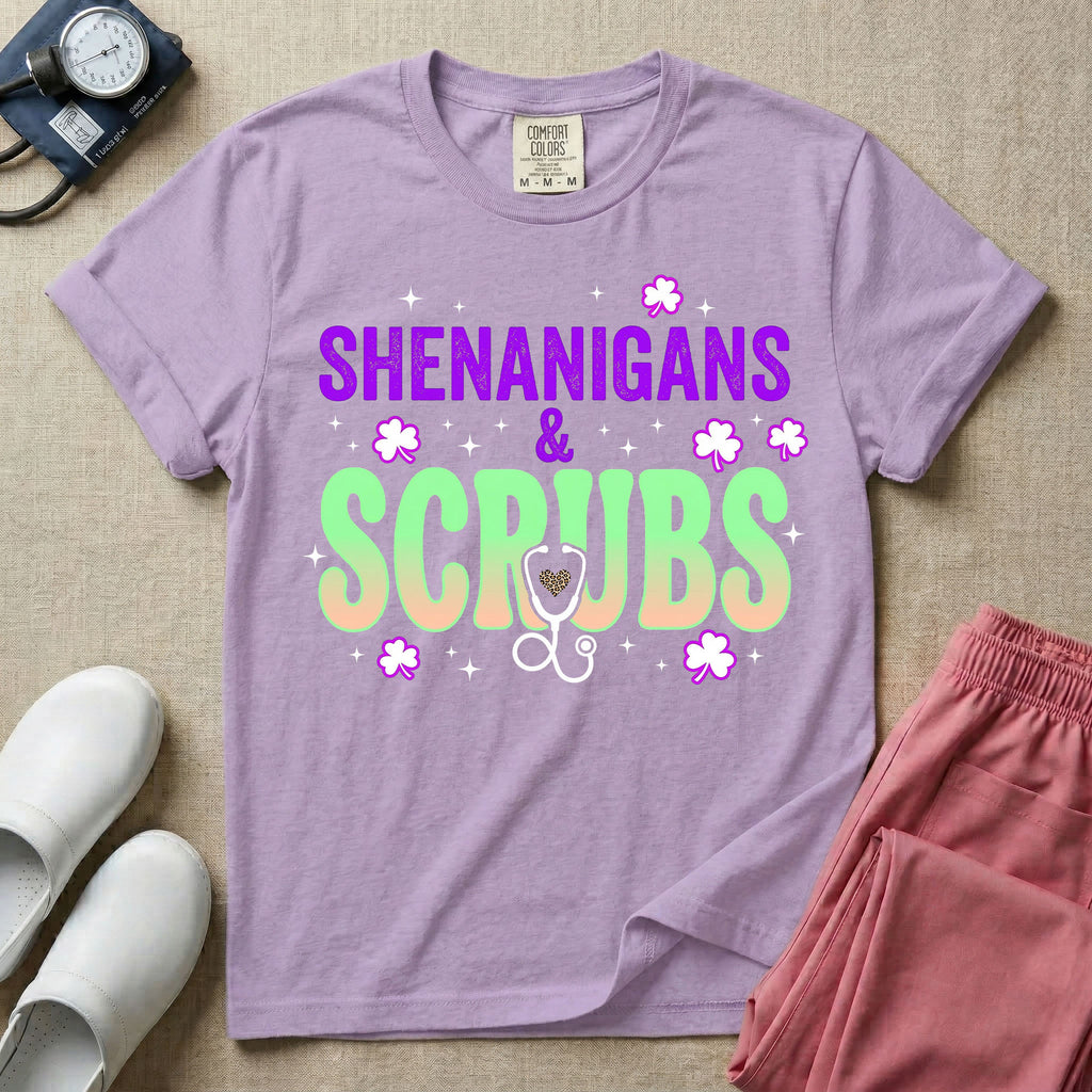 General nursing St. Patrick's Day t-shirt featuring a retro wavy font with the text "SHENANIGANS & SCRUBS" surrounded by shamrock graphics and a stethoscope.