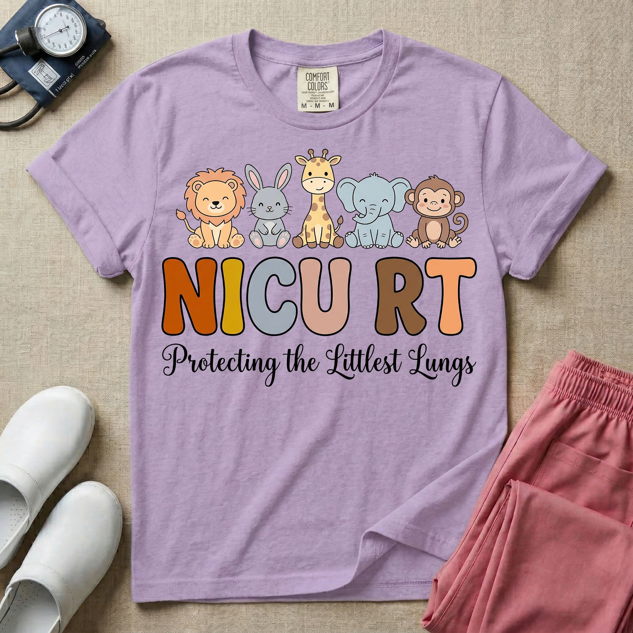 Neonatal Intensive Care Unit NICU RT respiratory therapist t-shirt featuring a row of cute cartoon animals including a lion, bunny, giraffe, elephant, and monkey sitting on the text "NICU RT" positioned above the cursive text "Protecting the Littlest Lungs".